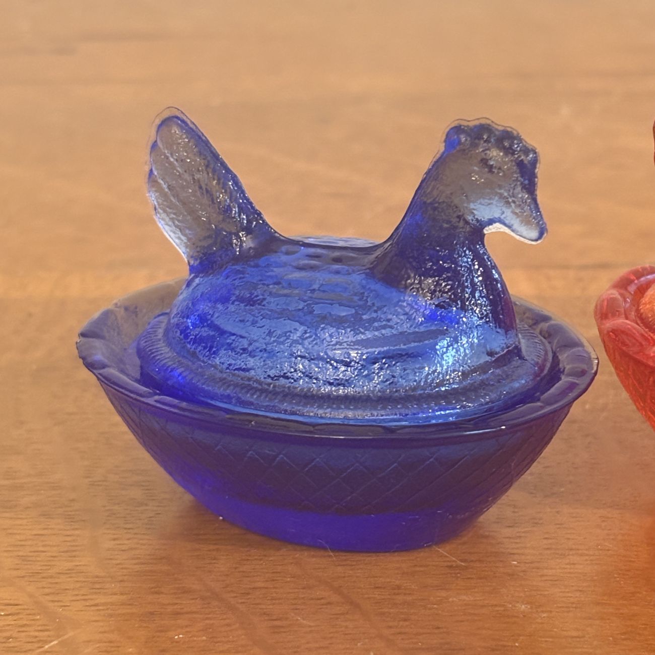 Three Miniature Pressed Glass Hen on Nest Covered Salt Cellars