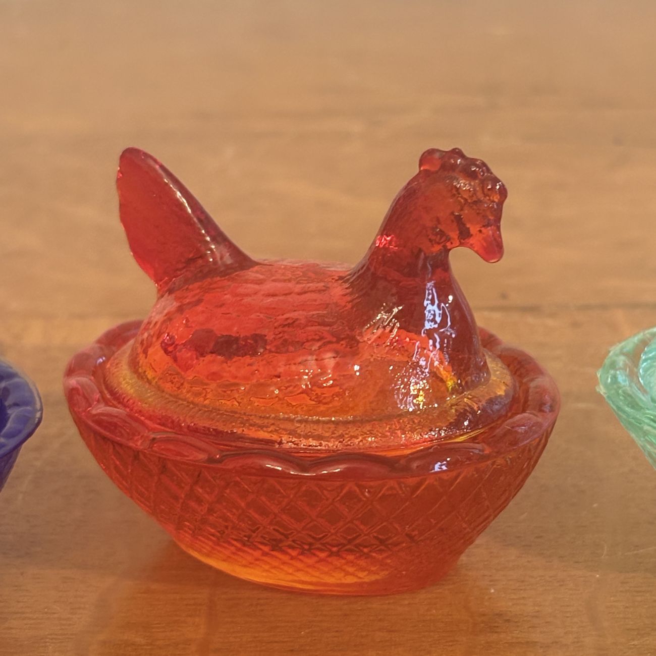 Three Miniature Pressed Glass Hen on Nest Covered Salt Cellars