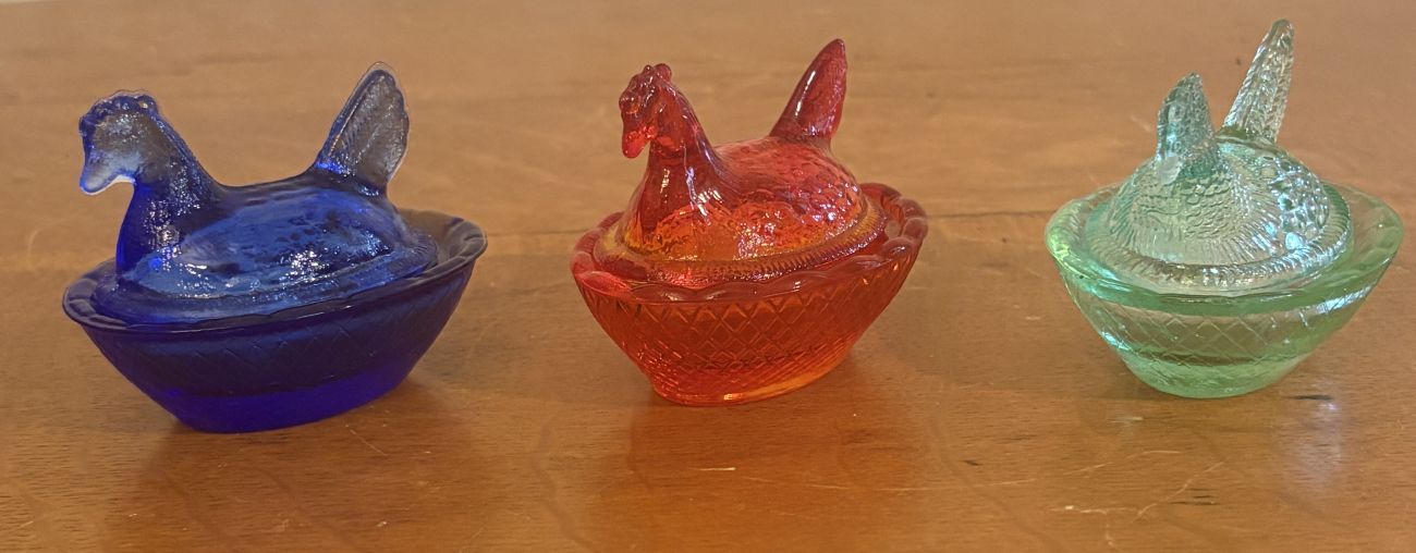Three Miniature Pressed Glass Hen on Nest Covered Salt Cellars