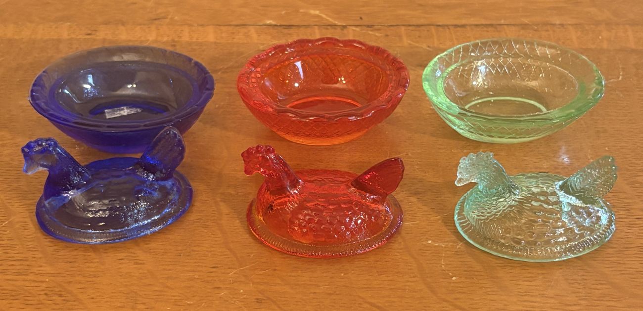 Three Miniature Pressed Glass Hen on Nest Covered Salt Cellars