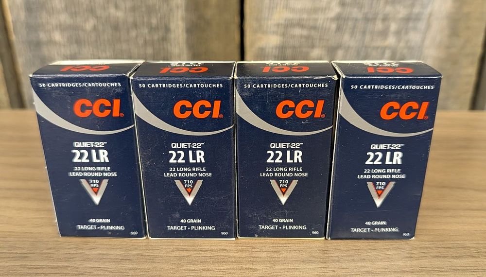 Lot 194: A Lot of Four Boxes CCI Quiet-22 40 Grain Lead Round Nose .22 Long Rifle Ammunition