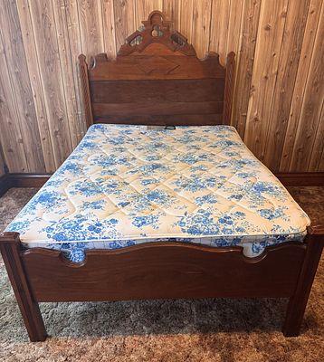 Victorian Style Full Size Walnut Bed Frame with Carved Fretwork Headboard. NOT AVAILABLE FOR 
