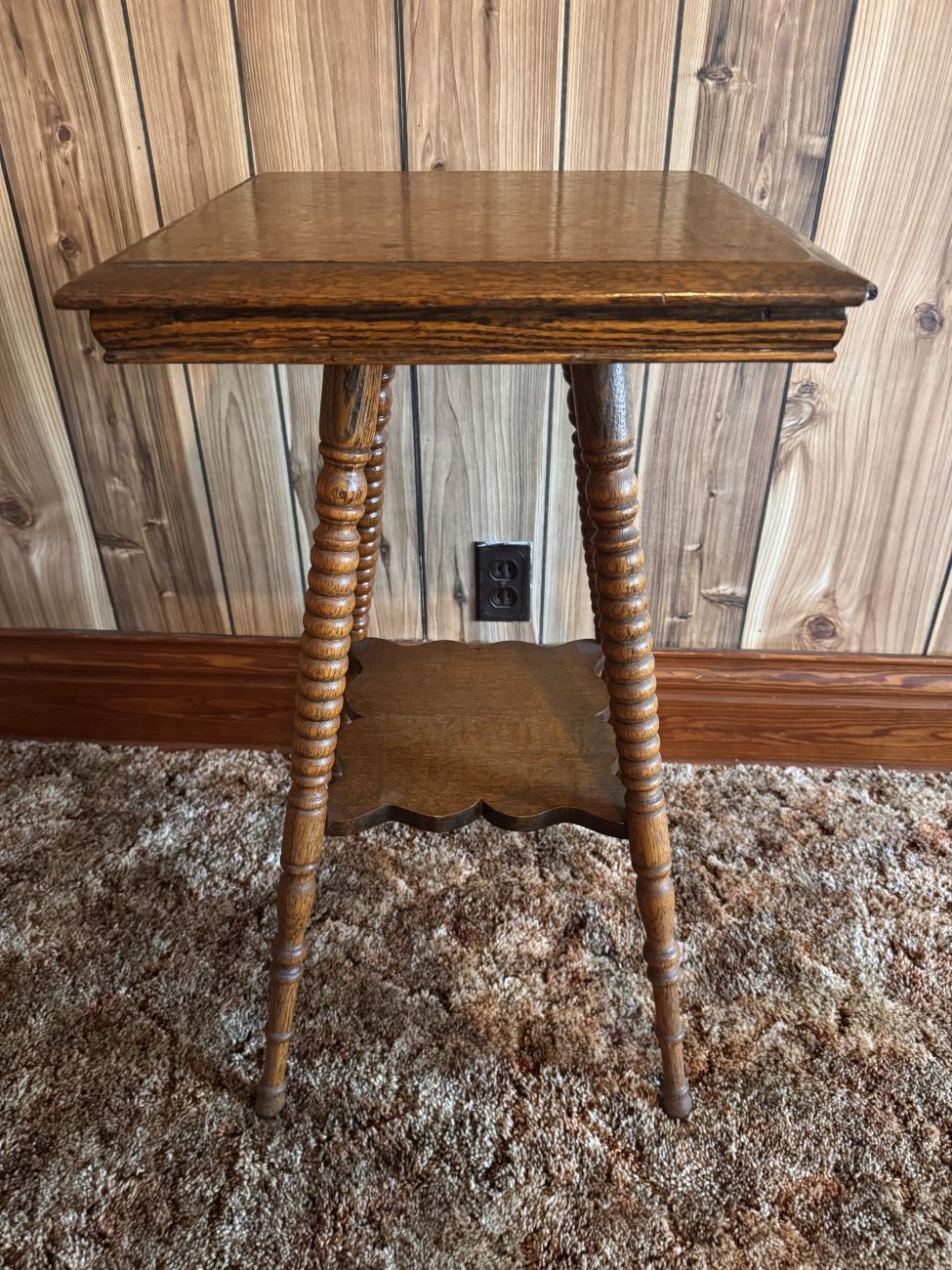 Lot 207: American Victorian Tiger Oak Two Tier Parlor Table with Spool Turned Legs