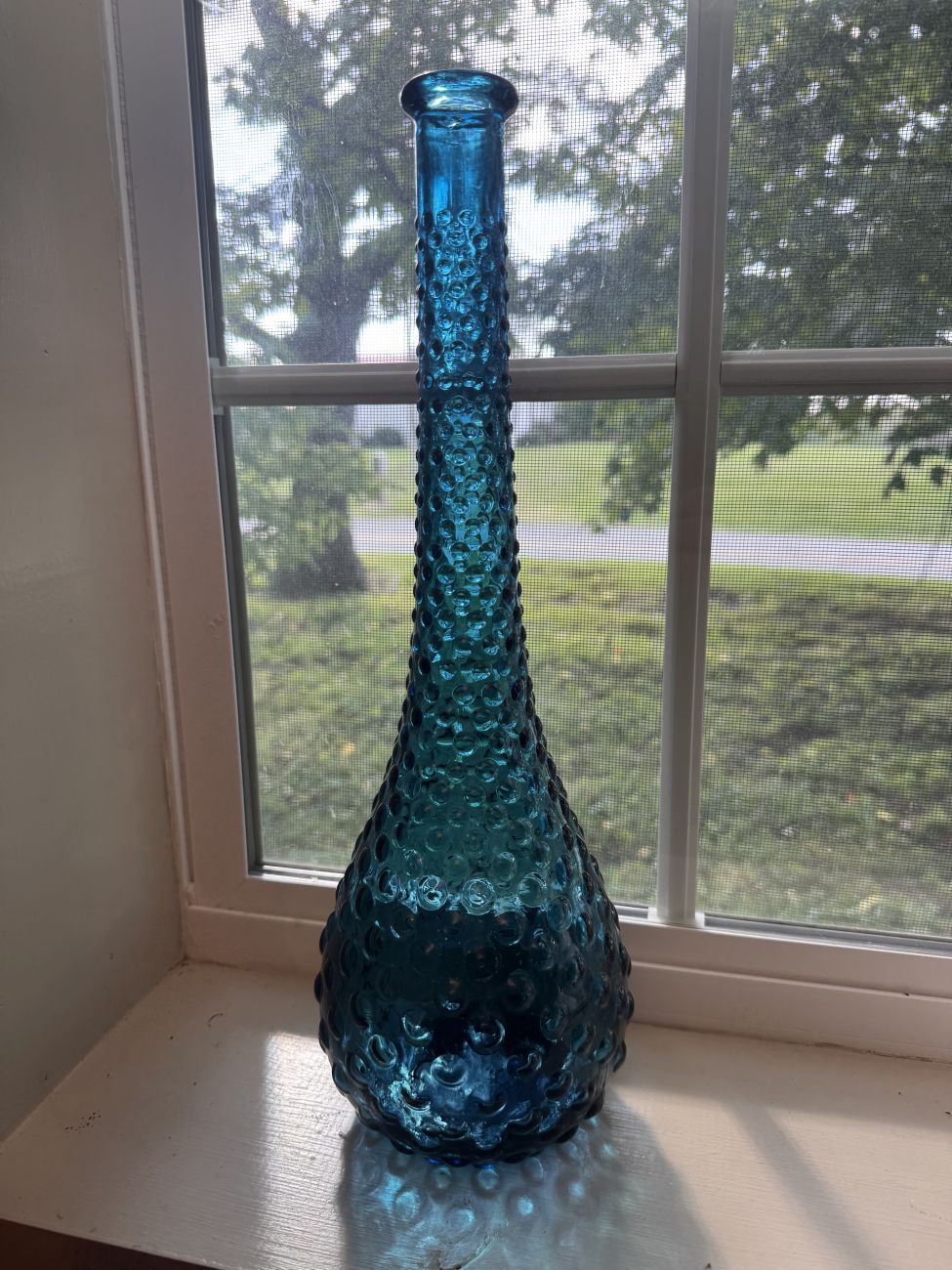 Lot 217: Mid Century Turquoise Blue Bubble Glass Genie Bottle Decanter