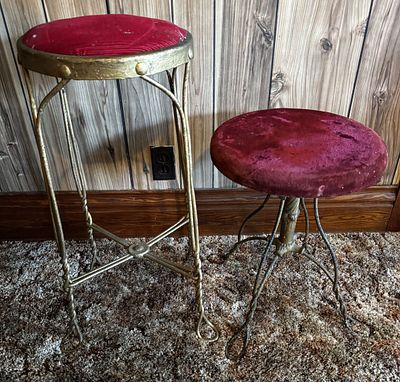 Two Vintage Metal Twisted Wire Stools with Red Upholstery. This lot consists of two metal stools 