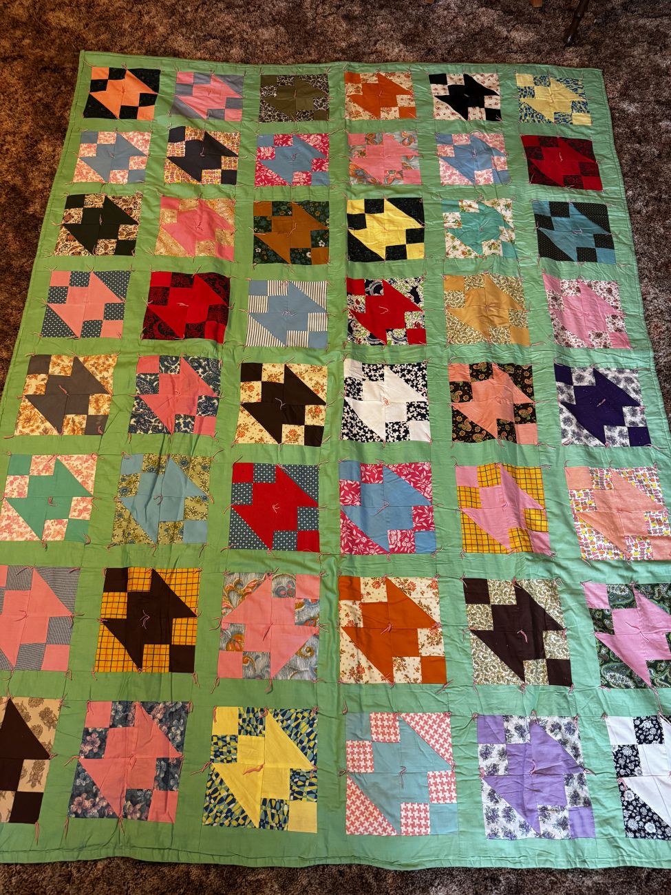 Hand Tied Patchwork Scrap Quilt in Basket Pattern Variation