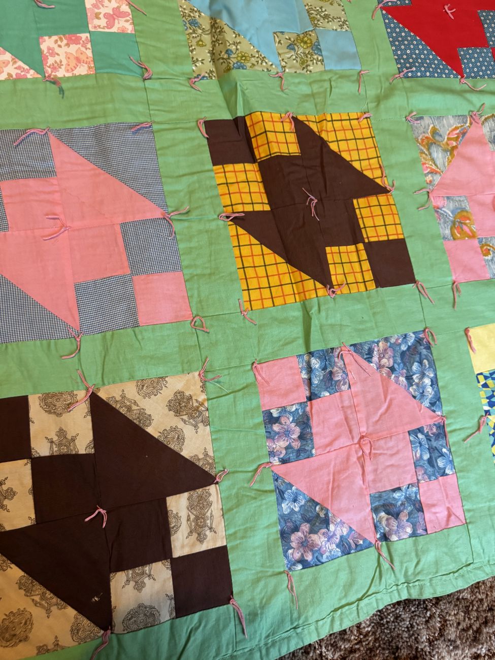 Hand Tied Patchwork Scrap Quilt in Basket Pattern Variation