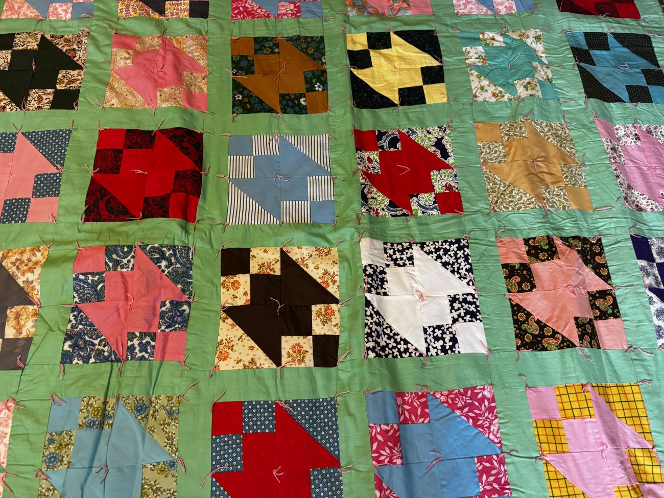 Hand Tied Patchwork Scrap Quilt in Basket Pattern Variation