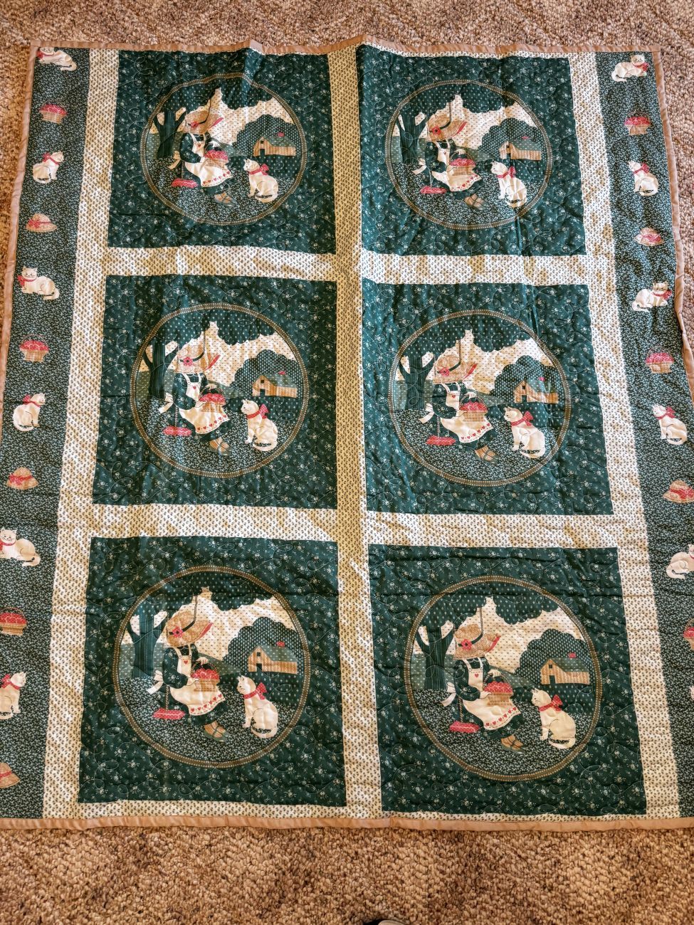 Lot 246: Quilted Cotton Wall Hanging Featuring Feline and Gardening Motifs