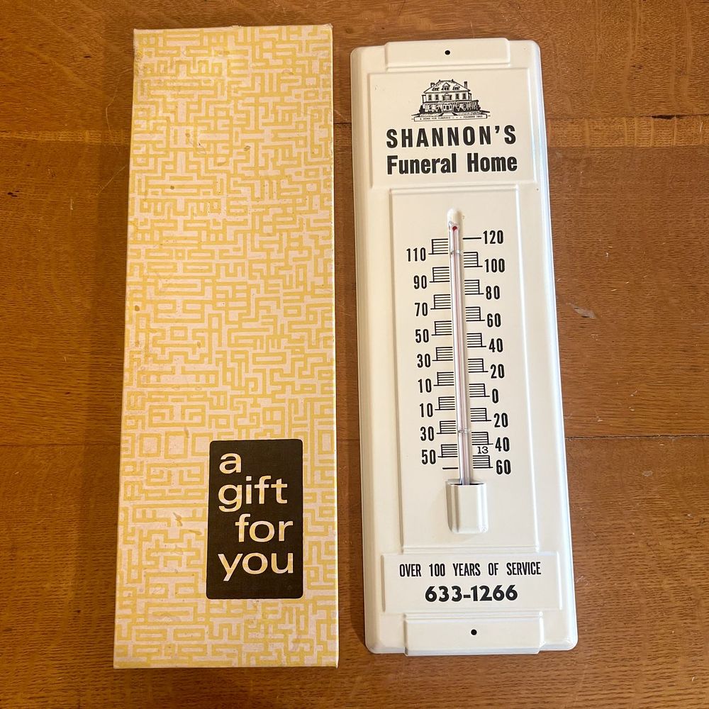 Lot 256: Shannon's Funeral Home Vintage Advertising Metal Wall Thermometer with Original Box
