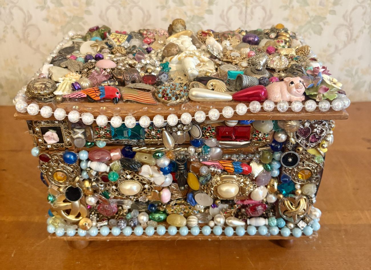 Encrusted Jewelry Collage Memory Chest with Figural Elements