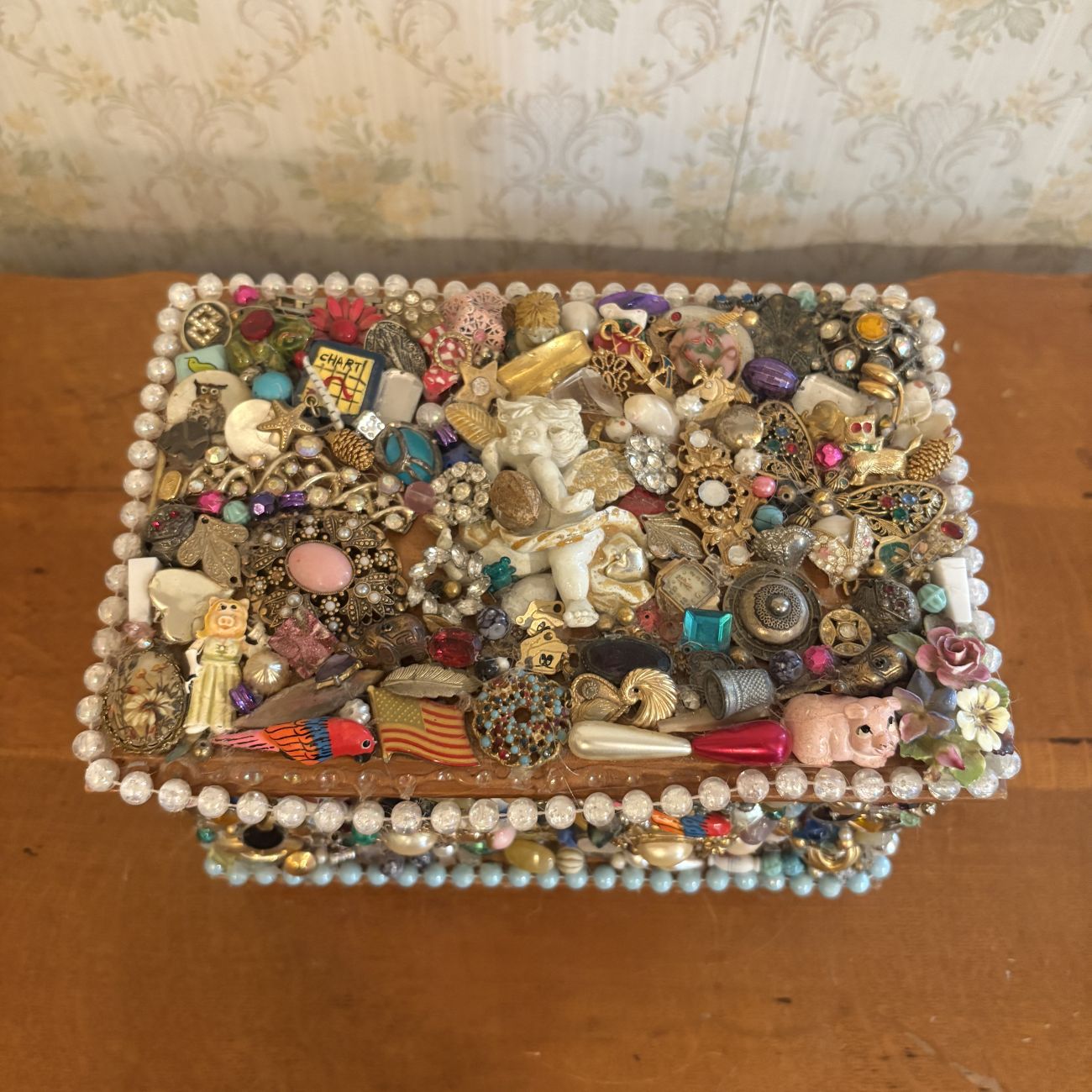 Encrusted Jewelry Collage Memory Chest with Figural Elements