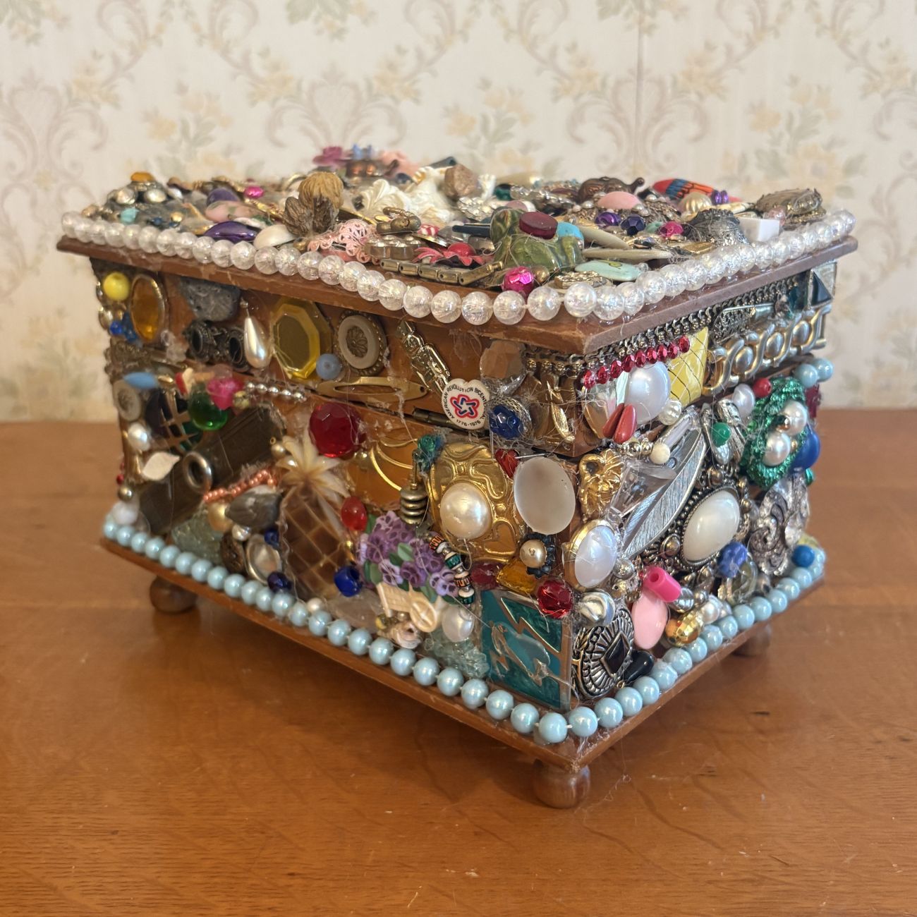 Encrusted Jewelry Collage Memory Chest with Figural Elements