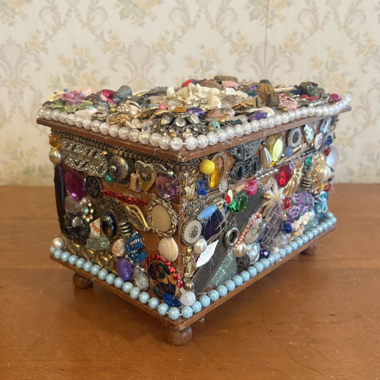 Encrusted Jewelry Collage Memory Chest with Figural Elements