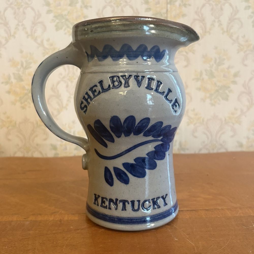 Lot 267: Shelbyville Kentucky Salt Glazed Stoneware Pitcher with Cobalt Decoration