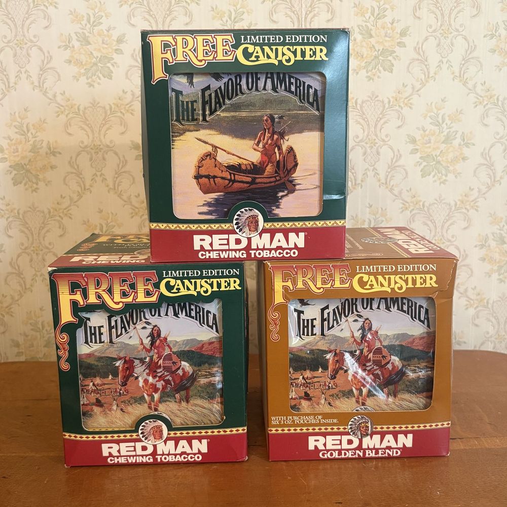 Lot 269: Three 1991 Red Man Limited Edition The Flavor of America Tobacco Canisters in Original Boxes