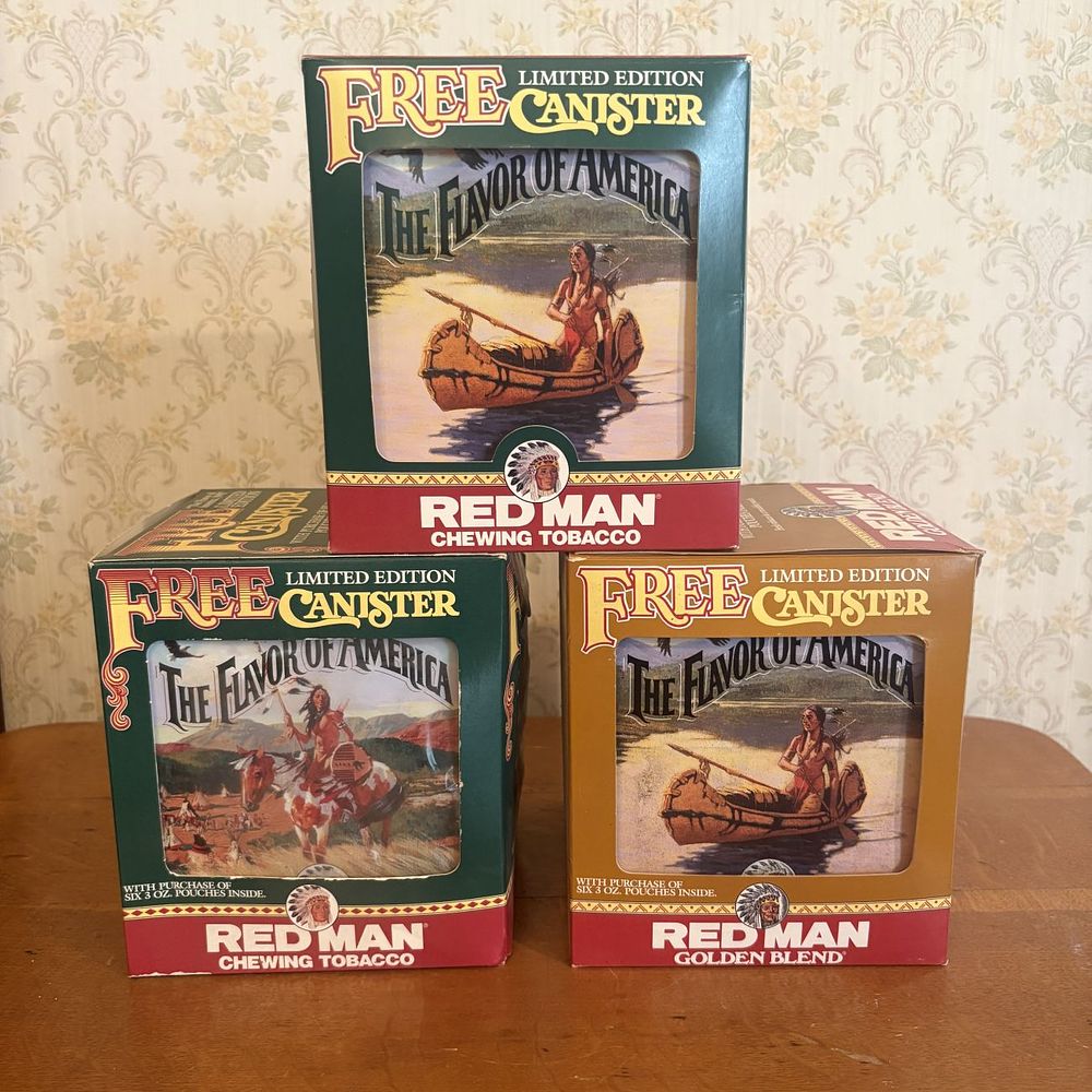 Lot 270: Three Red Man Chewing Tobacco Limited Edition Flavor of America Canisters in Original Packaging