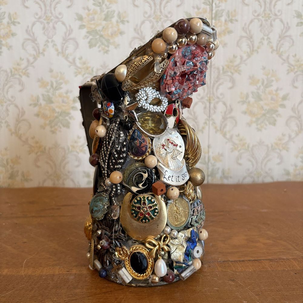 Lot 274: American Folk Art Memory Jug Featuring Costume Jewelry and Found Objects