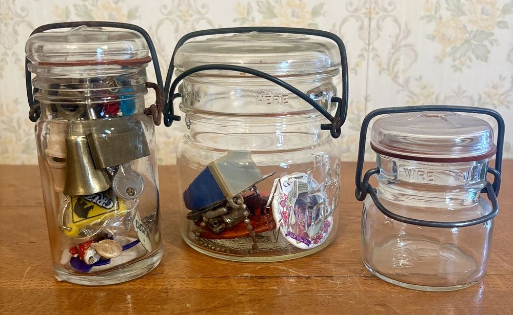 Lot 277: A Trio of Vintage Glass Lightning Style Jars and Assorted Miniature Collectibles