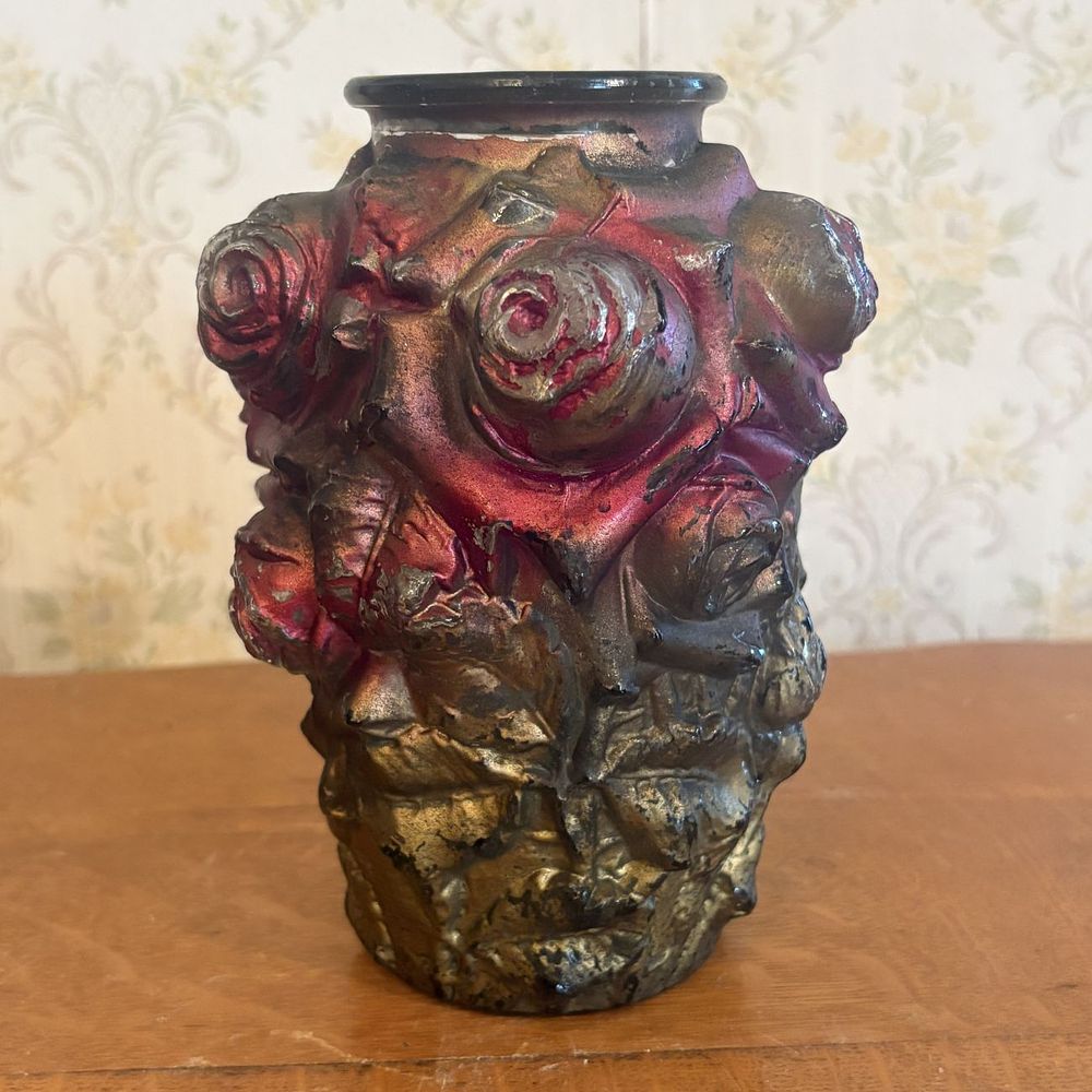 Lot 280: Antique Goofus Glass Rose Motif Vase with Cold Painted Decoration