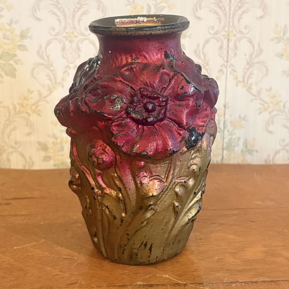 Lot 281: Vintage Pressed Art Glass Vase with High Relief Poppy Motif and Metallic Cold Painted Finish
