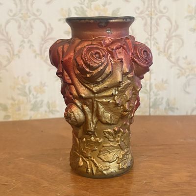 Antique Molded Goofus Glass Rose Motif Cabinet Vase. This pressed glass cabinet vase features a 