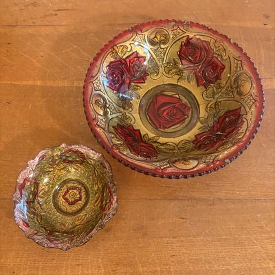 Two Pieces of American Goofus Glass Including a Large Rose Pattern Bowl and a Small Floral Dish. 