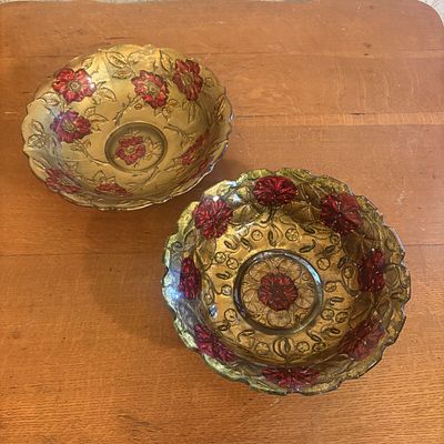 A Pair of American Goofus Glass Bowls with Wild Rose and Nasturtium Patterns. This pair of 