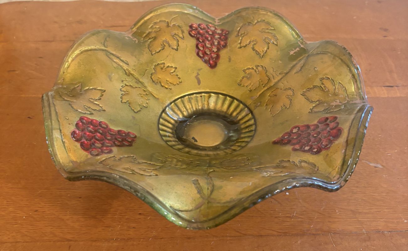 Large Ruffled Goofus Glass Compote with Grape and Leaf Pattern