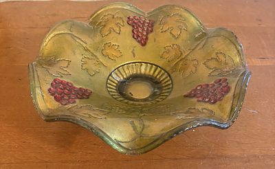 Large Ruffled Goofus Glass Compote with Grape and Leaf Pattern. A large early 20th-century 