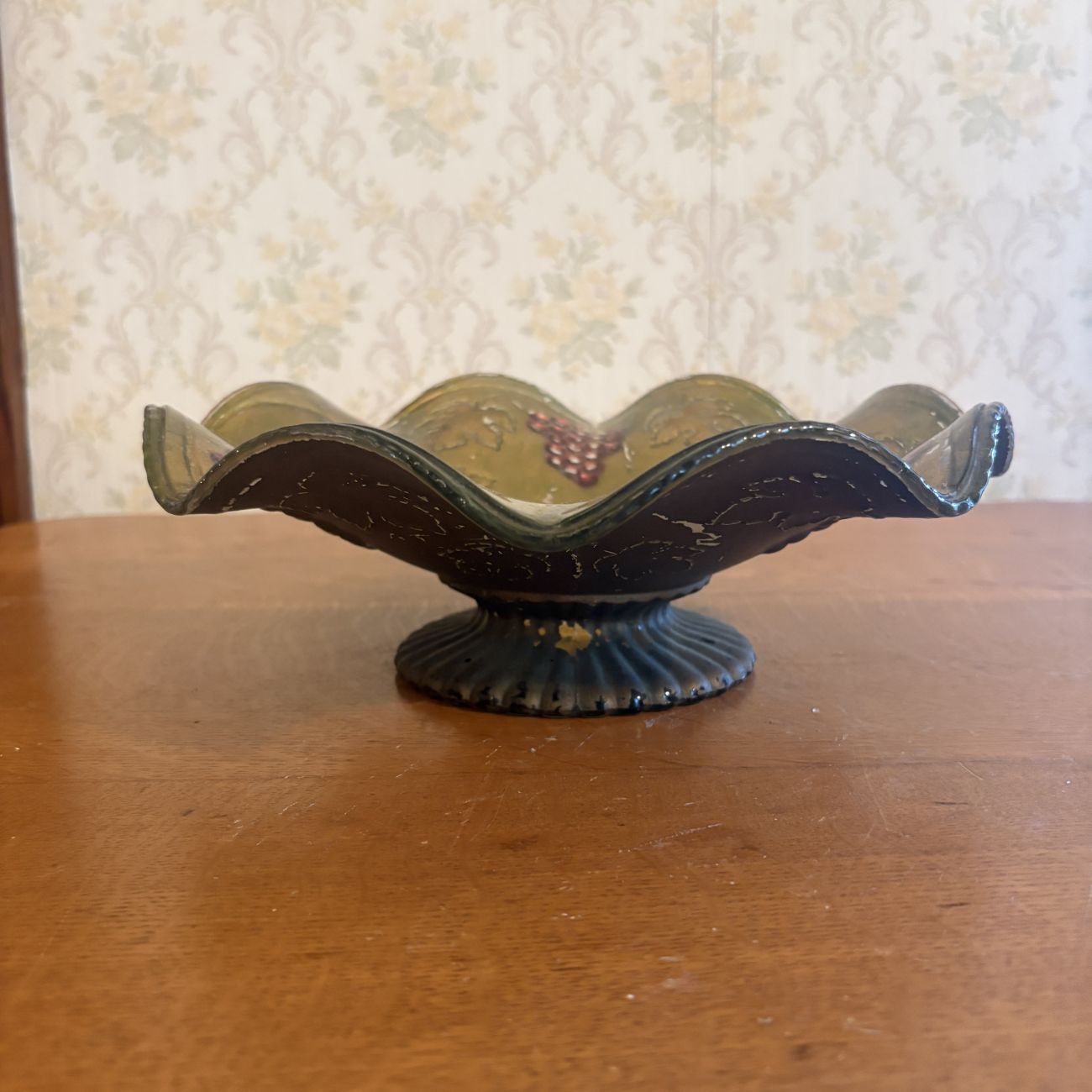 Large Ruffled Goofus Glass Compote with Grape and Leaf Pattern