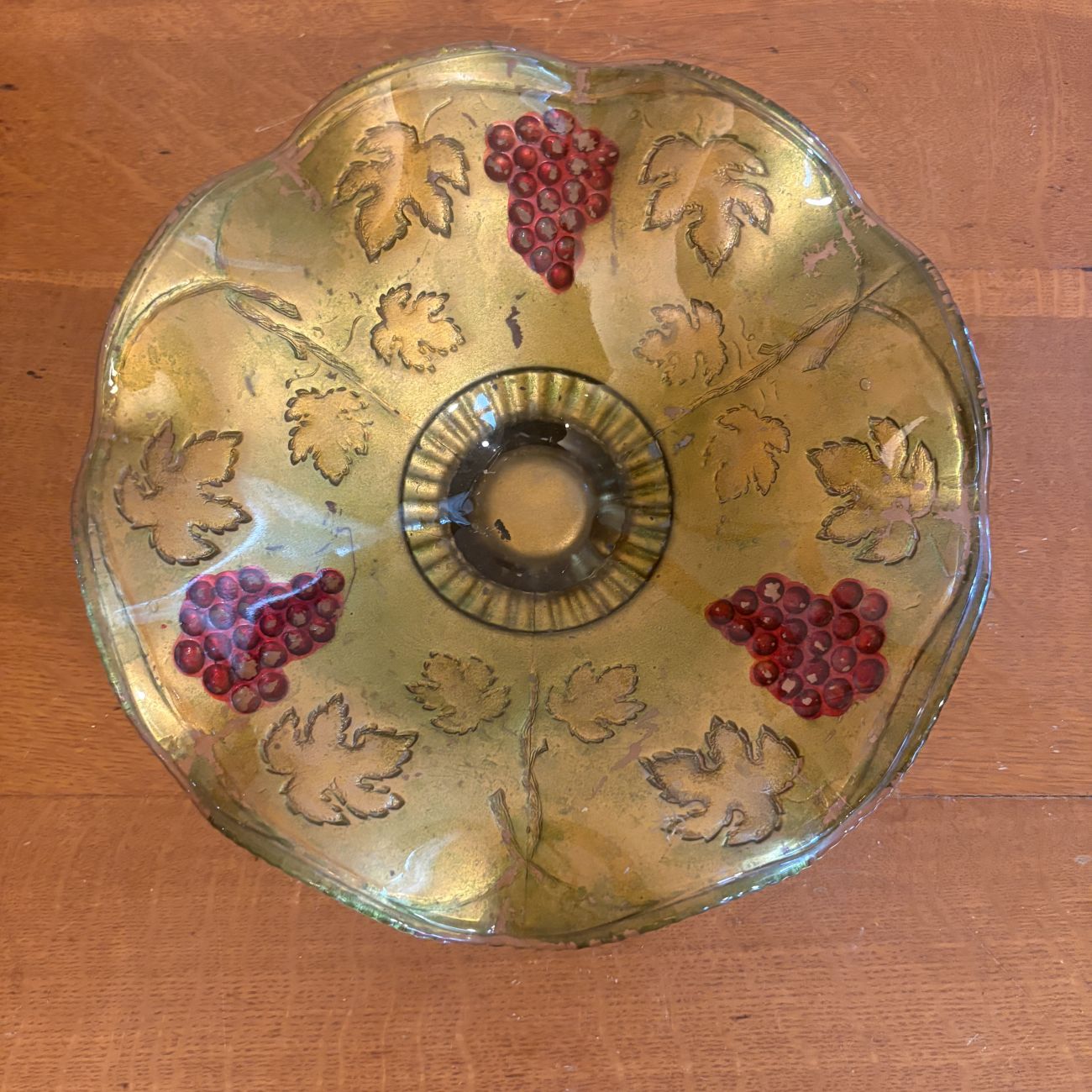 Large Ruffled Goofus Glass Compote with Grape and Leaf Pattern