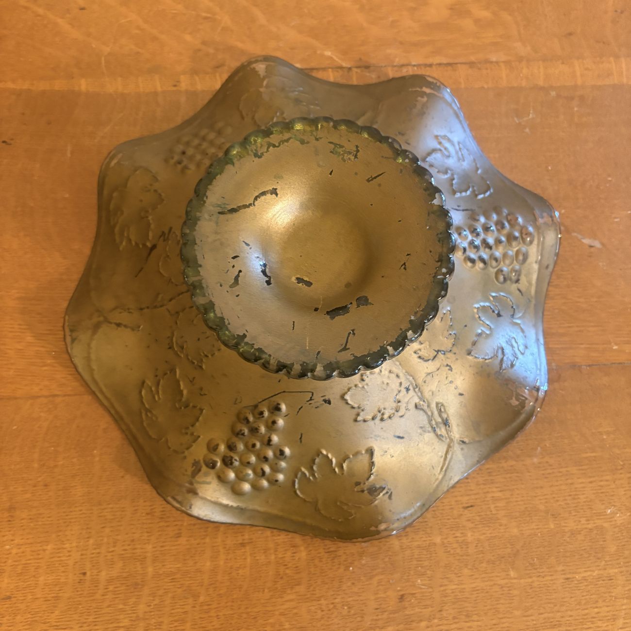 Large Ruffled Goofus Glass Compote with Grape and Leaf Pattern