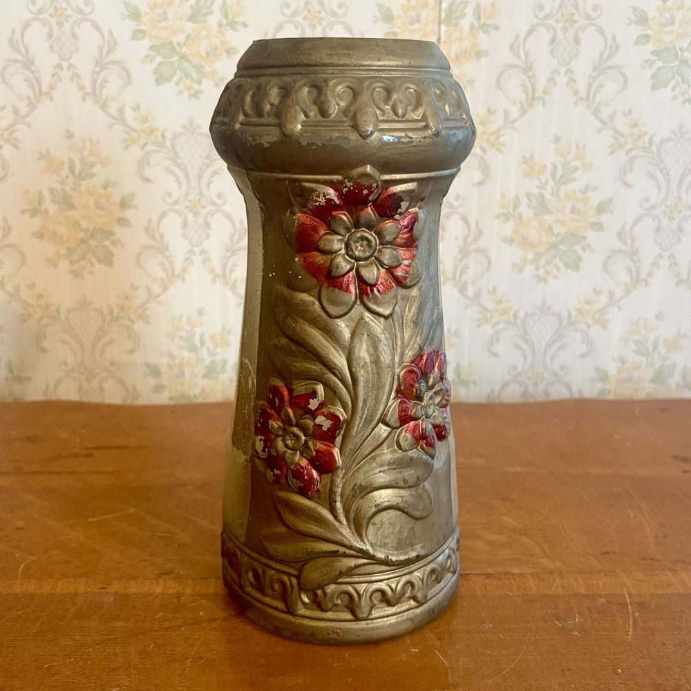 Lot 294: Vintage Cast Metal Polychrome Floral Vase