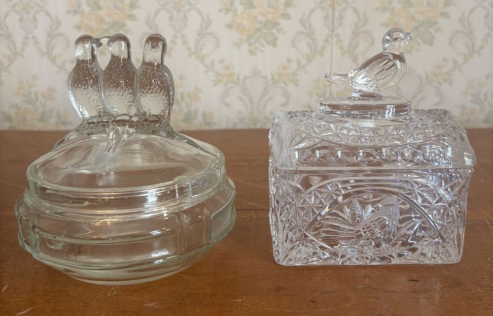 Lot 295: Two Clear Pressed Glass Bird Motif Trinket Boxes