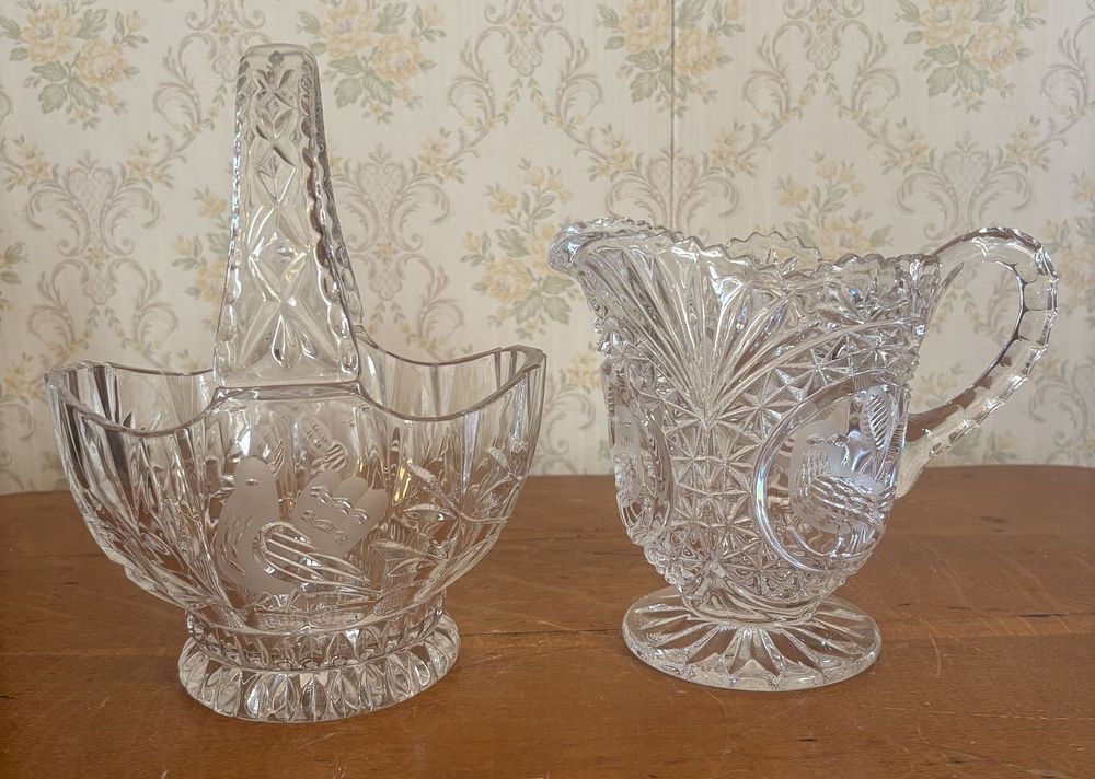 Lot 296: Two Pieces of Colorless Pressed Glass With Frosted Bird Medallions