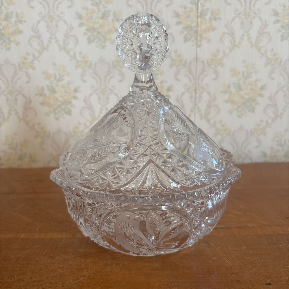 Lot 297: Large Cut Crystal Lidded Candy Dish with Bird Medallions