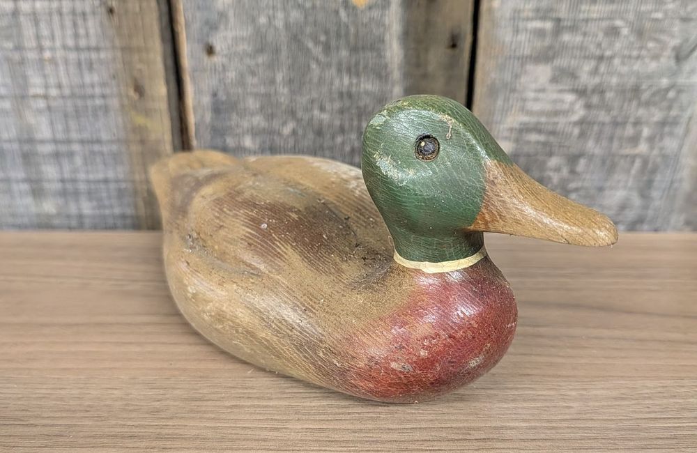 Lot 303: Hand Carved and Painted Wooden Mallard Duck Decoy Marked D HAND