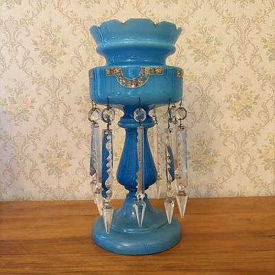 Victorian Turquoise Blue Opaline Glass Mantle Luster with Cut Prisms. A Victorian-style mantle 