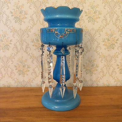Single Victorian Opaque Turquoise Blue Glass Mantel Luster with Crystal Prisms. A Victorian 