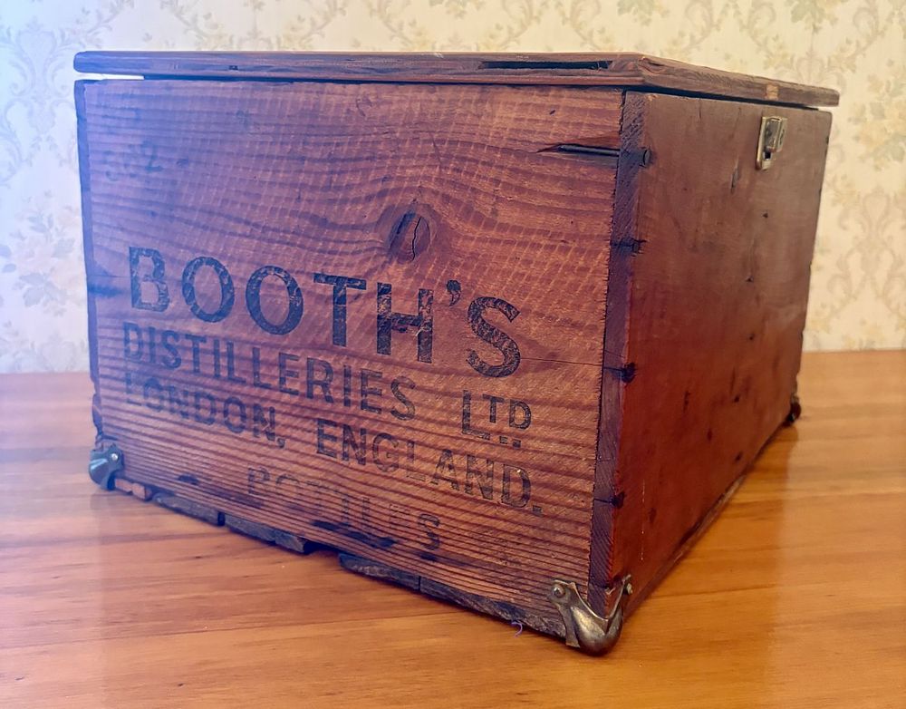 Lot 326: Vintage Booths Distilleries Ltd London Wooden Storage Box with Hinged Lid