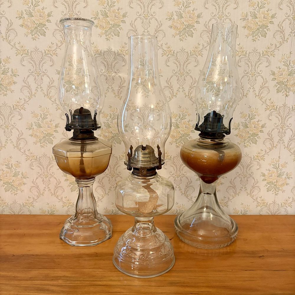 Lot 330: Three Antique Molded Glass Table Oil Lamps including Bright Knight Farm Lamp