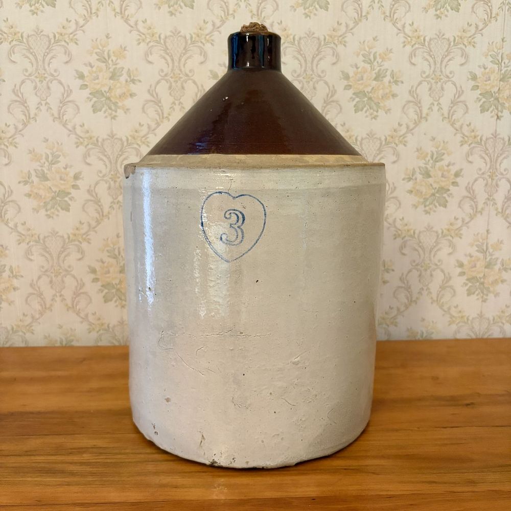 Lot 333: Antique Two-Tone Stoneware 3 Gallon Shoulder Jug with Cobalt Heart Decoration