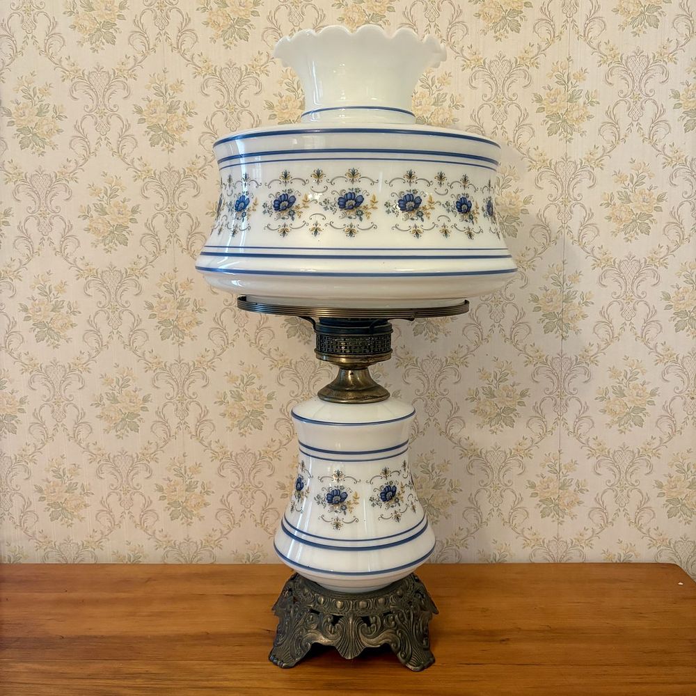 Lot 341: Vintage Floral Milk Glass Hurricane Style Electric Table Lamp