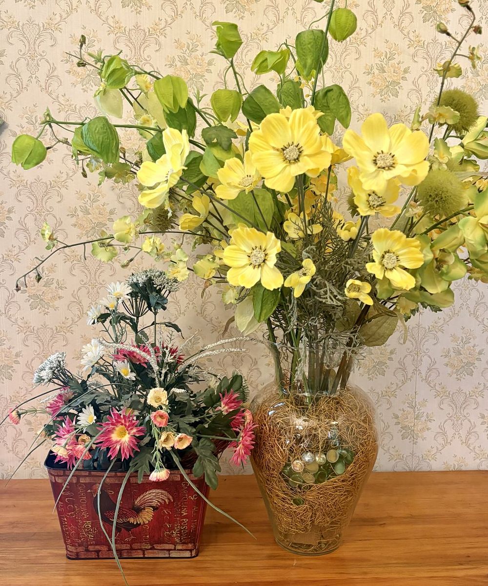 Lot 345: Two Artificial Floral Arrangements in Glass Vase and Decorative Metal Planter