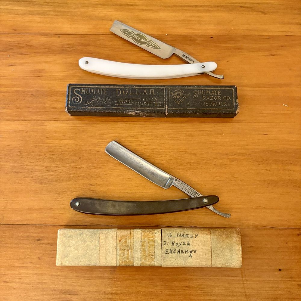 Lot 352: Two Vintage Straight Razors with Cases Including Pakistan Edgemark and German Vom Cleff and Co.