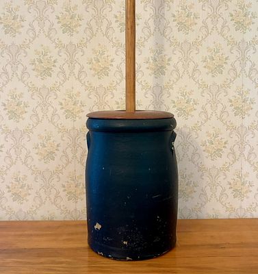 Vintage Painted Stoneware Butter Churn with Wooden Lid and Dasher. A vintage earthenware butter 