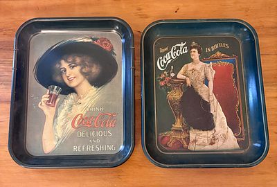 Two Coca-Cola Lithographed Metal Serving Trays. A pair of rectangular lithographed metal serving 