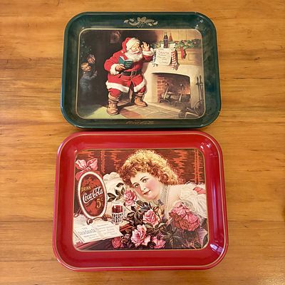 Two Vintage Coca-Cola Metal Serving Trays Hilda Clark and Santa Claus Jimmy. A pair of vintage 