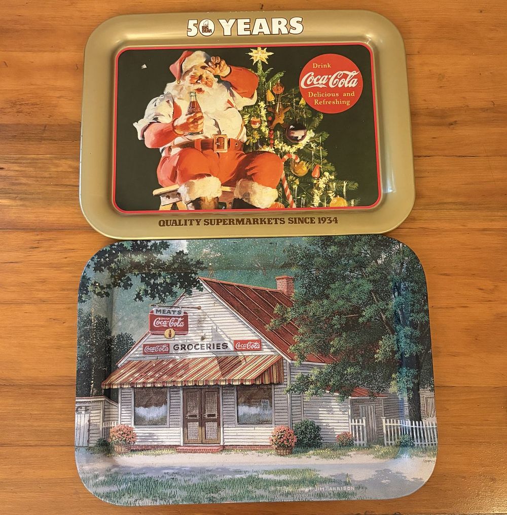 Lot 377: Pair Coca-Cola Litho Tin Trays w/ Big Bear 50th Anniversary & Jim Harrison Old Country Store